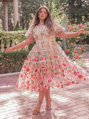 NWT JessaKae Rose Cream Embroidered Pink Floral Cottagecore Midi Dress